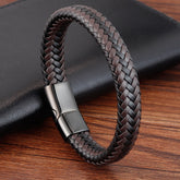 Braided Leather & Stainless Steel Bracelet – Unisex Geometric Wristband