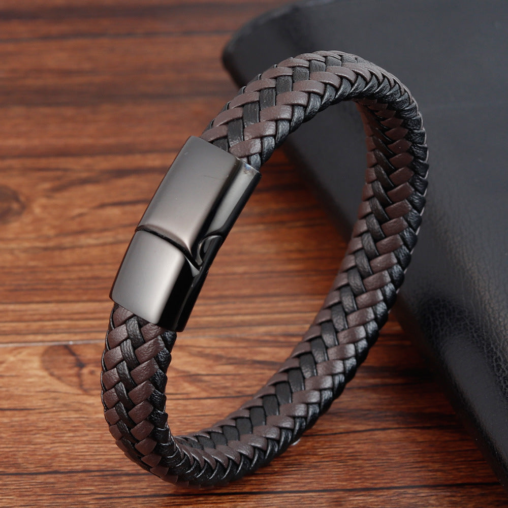 Braided Leather & Stainless Steel Bracelet – Unisex Geometric Wristband