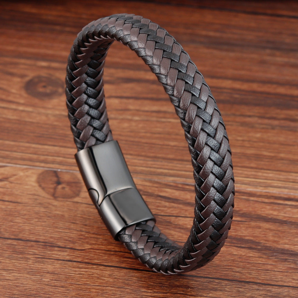 Braided Leather & Stainless Steel Bracelet – Unisex Geometric Wristband