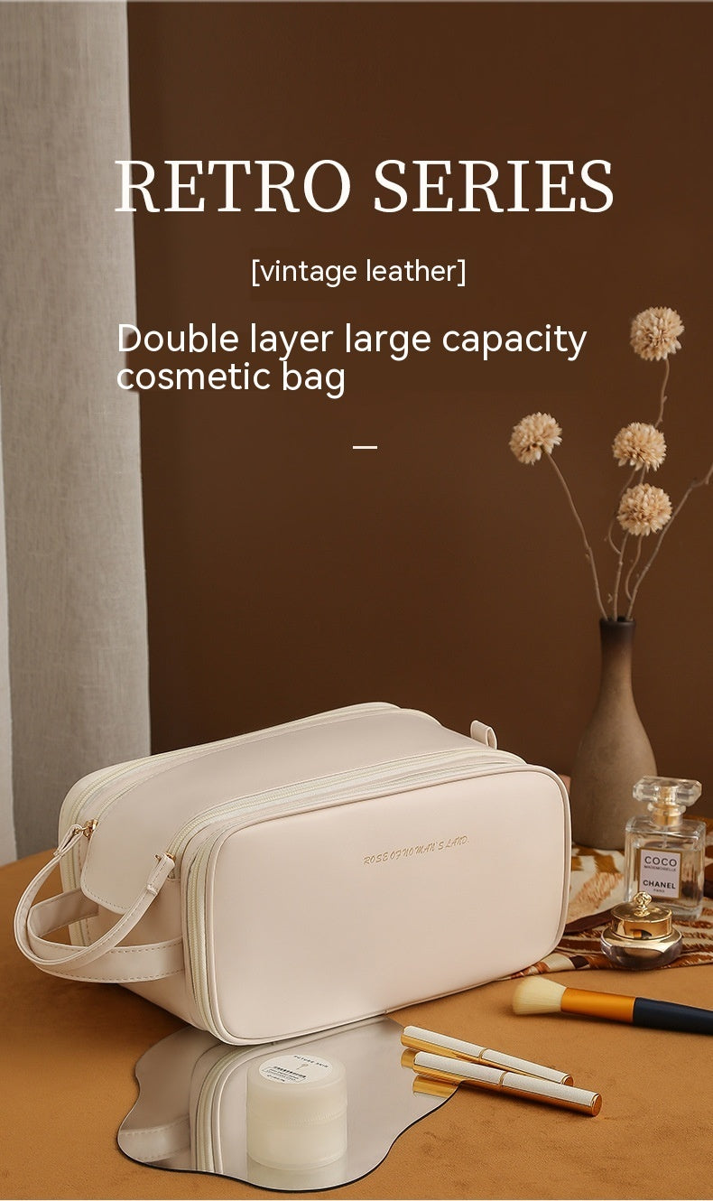 Double Zipper Makeup Bag – Stylish PU Cosmetic Organizer for Travel & Home