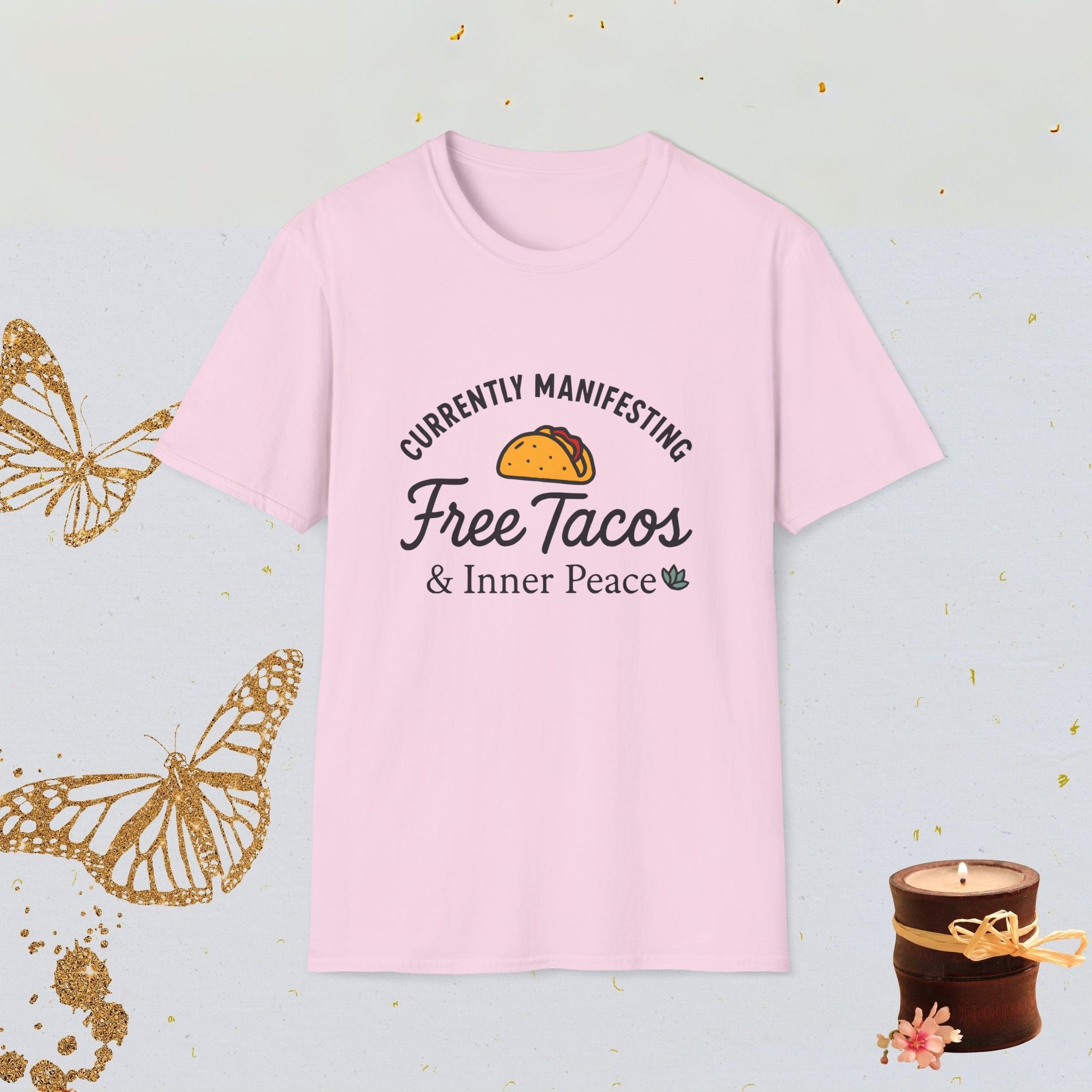 Currently Manifesting Free Tacos & Inner Peace Funny Manifestation Shirt, Spiritual Humor Tee, Foodie Vibes Apparel