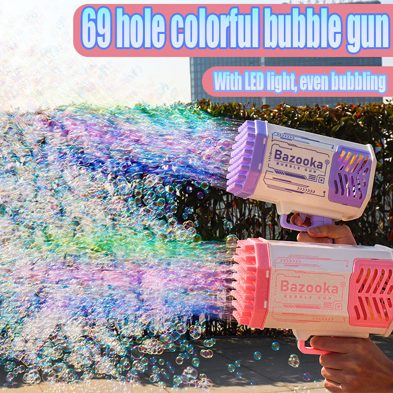 Pomperos Bubble Machine Gun – High-Capacity 69-Hole Bubble Blaster with LED Lights – Outdoor/Indoor Kids Toy"