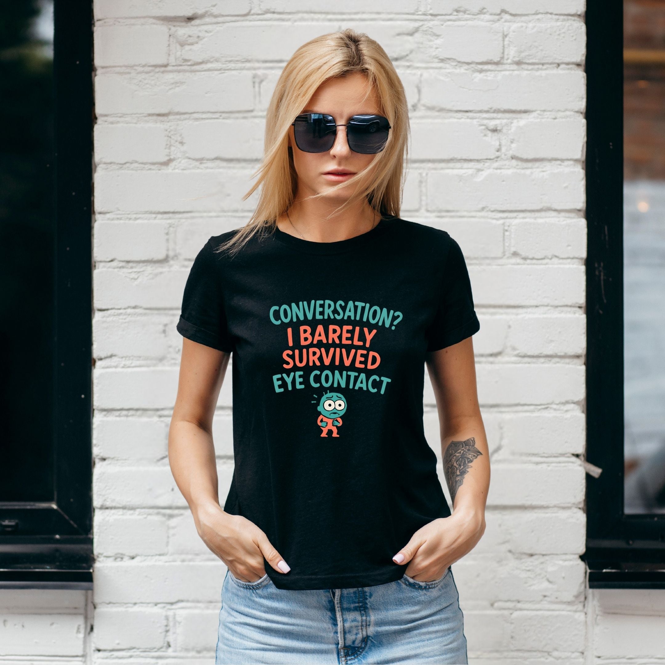 Conversation? I Barely Survived Eye Contact Funny Introvert Humor Shirt, Social Anxiety Tee, Awkward Gift