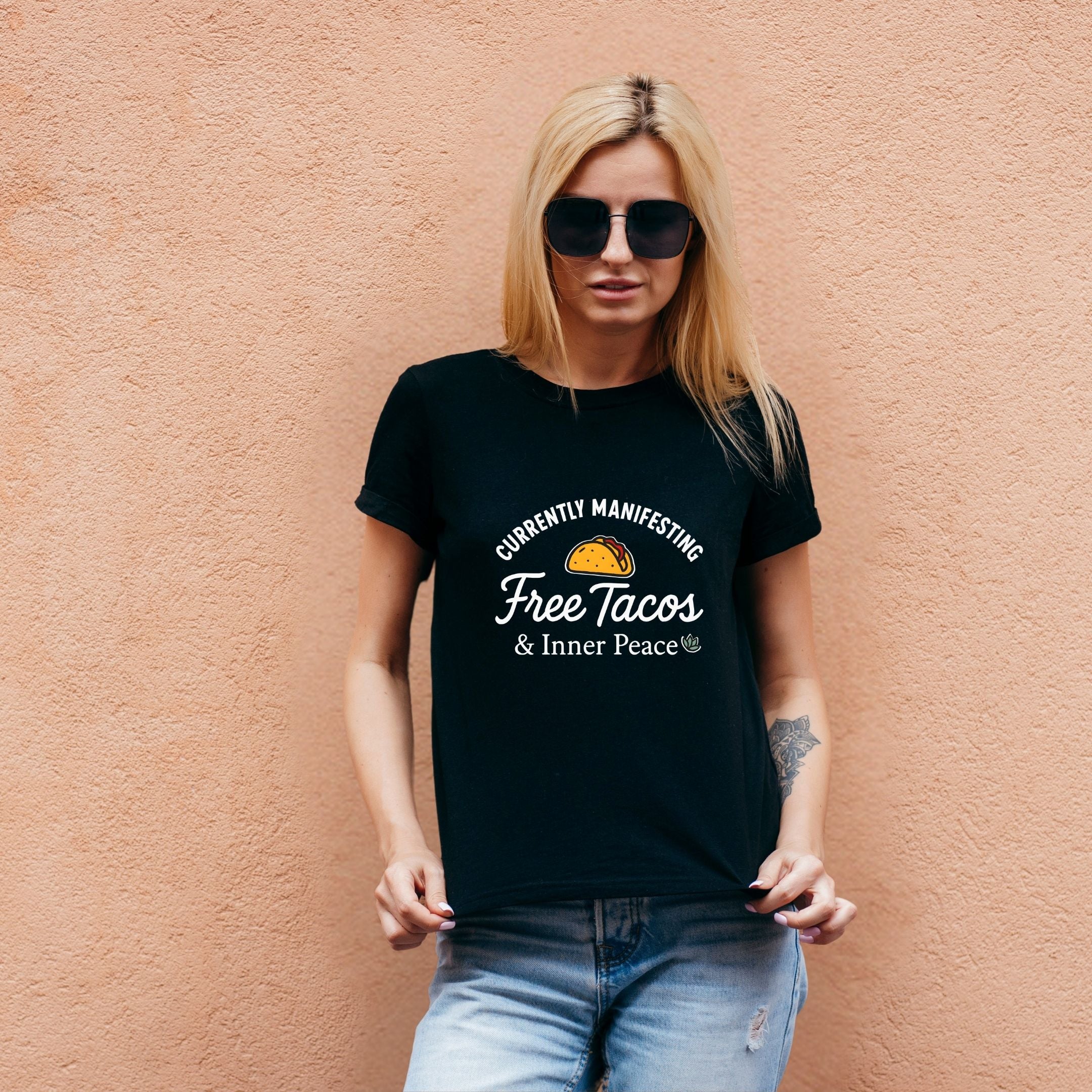 Currently Manifesting Free Tacos & Inner Peace Funny Manifestation Shirt, Spiritual Humor Tee, Foodie Vibes Apparel