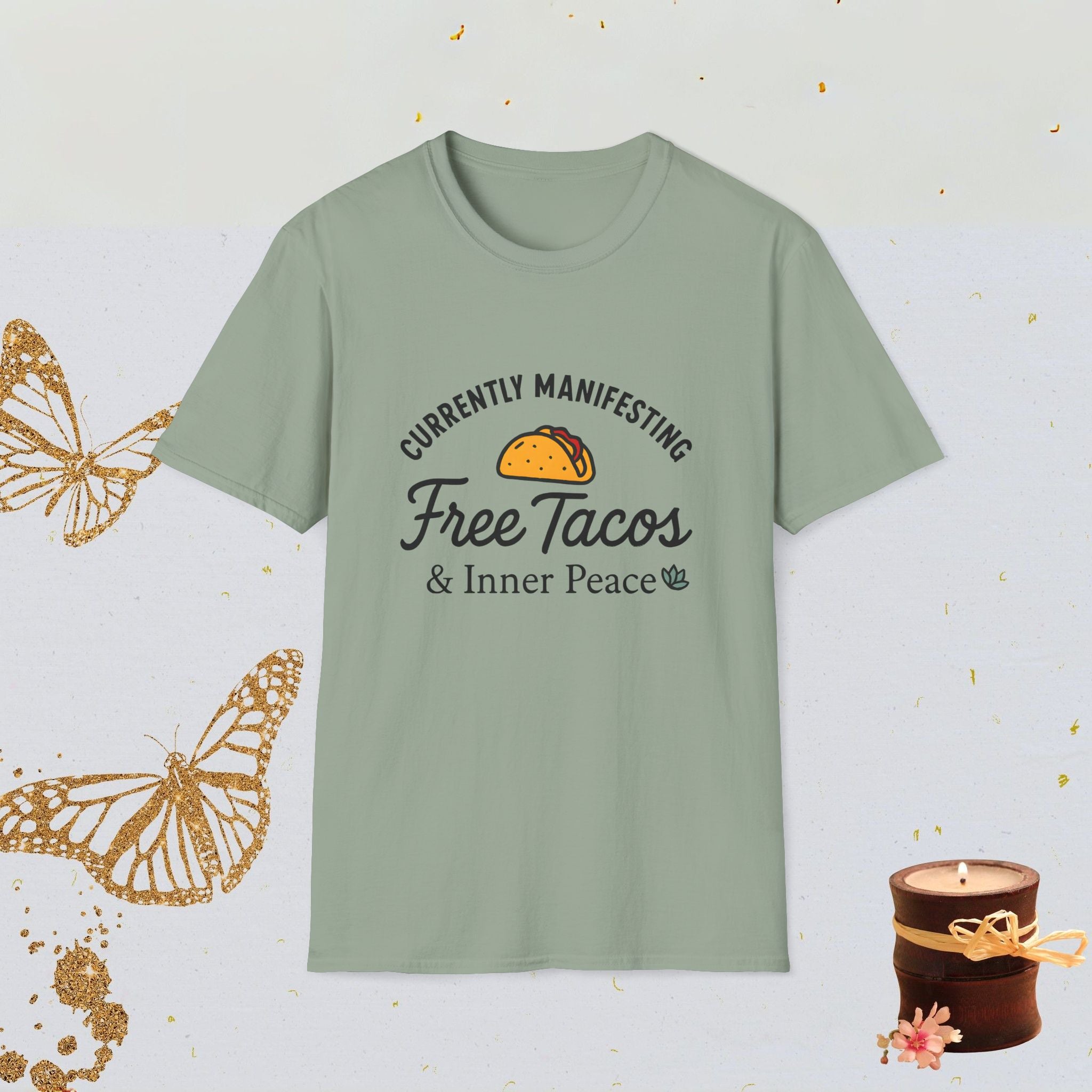Currently Manifesting Free Tacos & Inner Peace Funny Manifestation Shirt, Spiritual Humor Tee, Foodie Vibes Apparel
