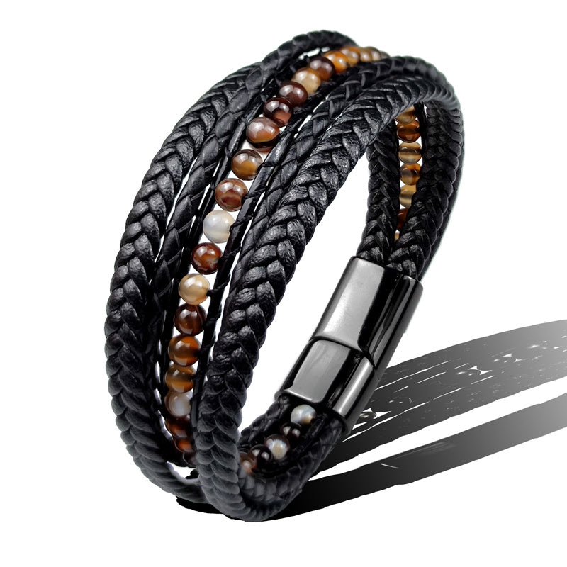 Multilayer Leather & Stainless Steel Bracelet – Retro Geometric Wristband for Men & Women