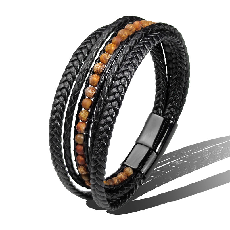 Multilayer Leather & Stainless Steel Bracelet – Retro Geometric Wristband for Men & Women