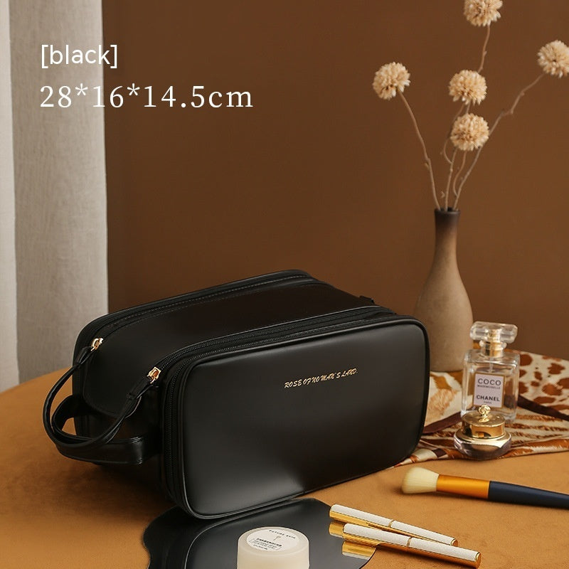 Double Zipper Makeup Bag – Stylish PU Cosmetic Organizer for Travel & Home