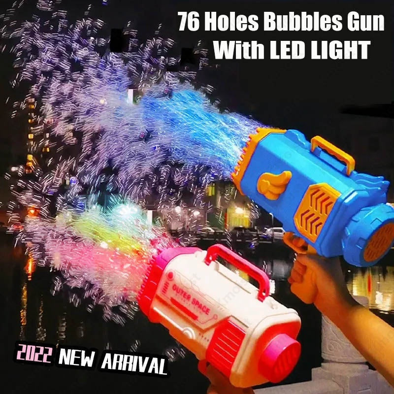 Pomperos Bubble Machine Gun – High-Capacity 69-Hole Bubble Blaster with LED Lights – Outdoor/Indoor Kids Toy"
