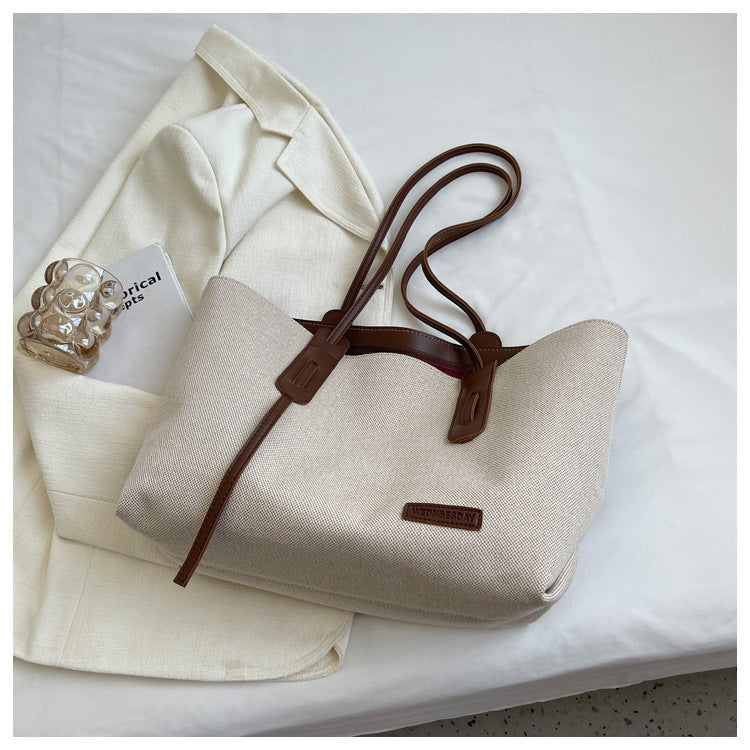 Simple Fashion Oxford Shoulder Bag – Casual All-Match Handbag with Canvas Lining (Black/Brown)
