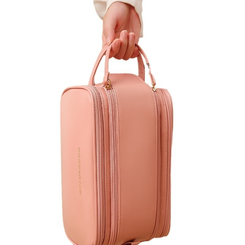 Double Zipper Makeup Bag – Stylish PU Cosmetic Organizer for Travel & Home