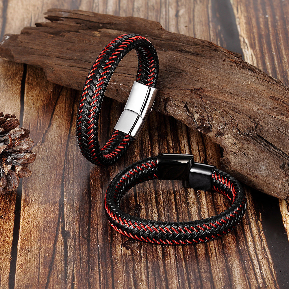 Leather Cord & Stainless Steel Bracelet – Woven Cowhide Wristband with Geometric Clasp