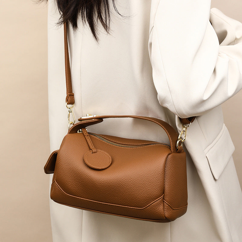 Women's Crossbody Bucket Bag - Soft Leather Top-Handle Satchel with Adjustable Strap (Dark Brown/Black)