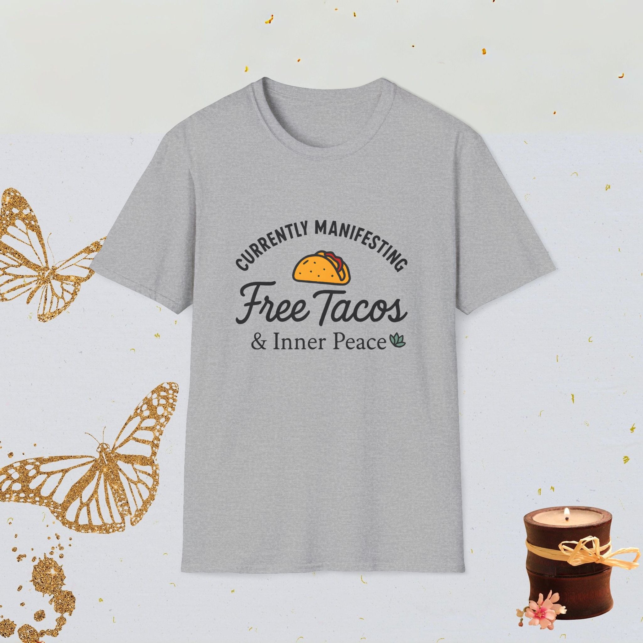 Currently Manifesting Free Tacos & Inner Peace Funny Manifestation Shirt, Spiritual Humor Tee, Foodie Vibes Apparel
