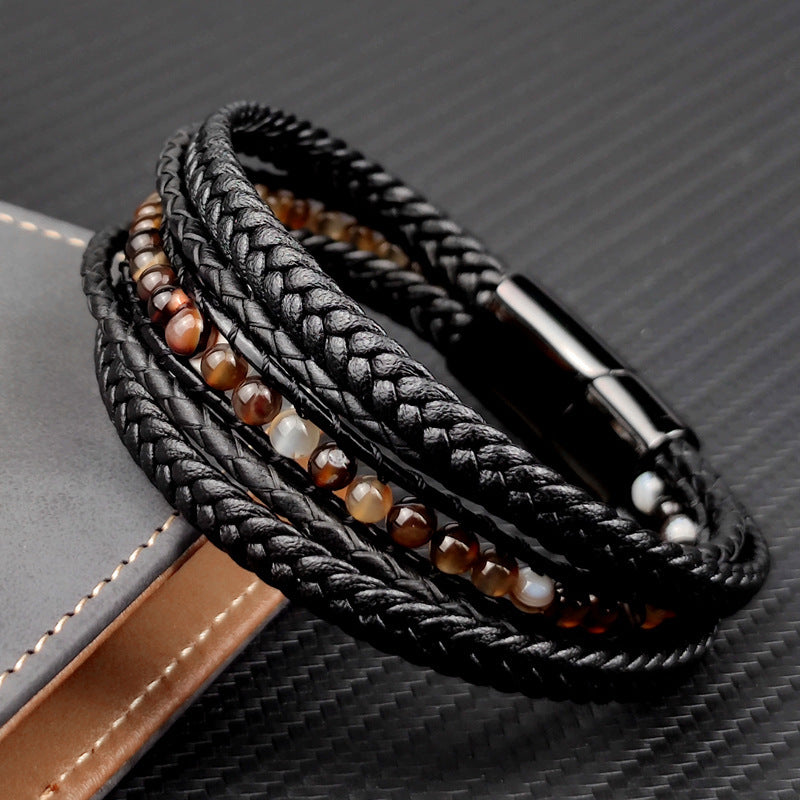 Multilayer Leather & Stainless Steel Bracelet – Retro Geometric Wristband for Men & Women