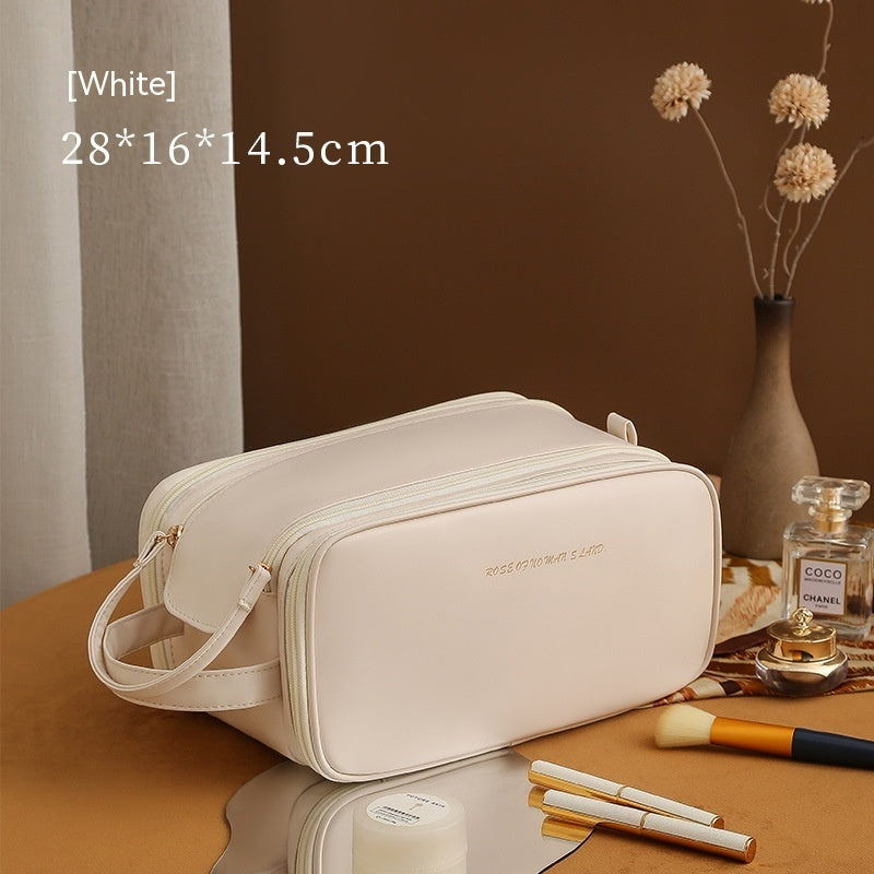 Double Zipper Makeup Bag – Stylish PU Cosmetic Organizer for Travel & Home