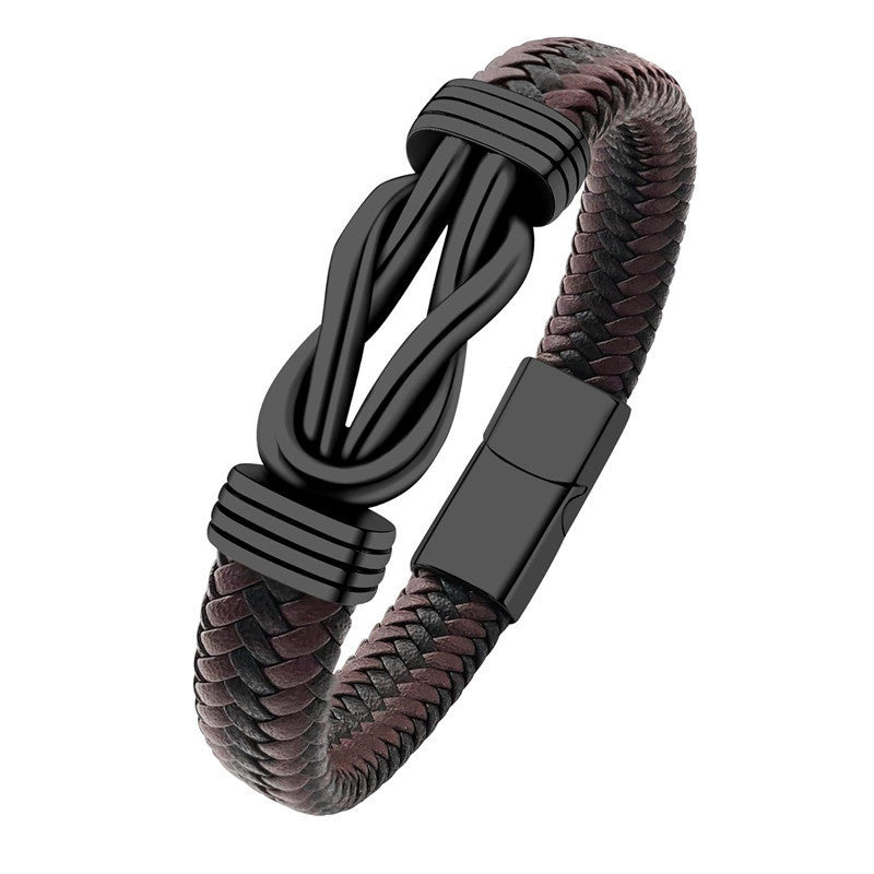 8-Word Twist Leather Bracelet – Unisex Woven Wristband with Geometric Charm