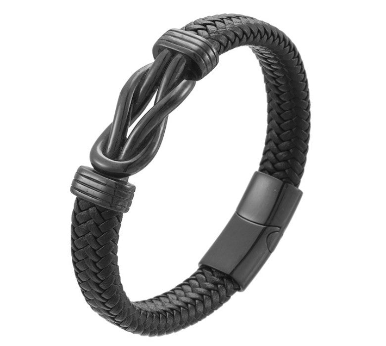 8-Word Twist Leather Bracelet – Unisex Woven Wristband with Geometric Charm