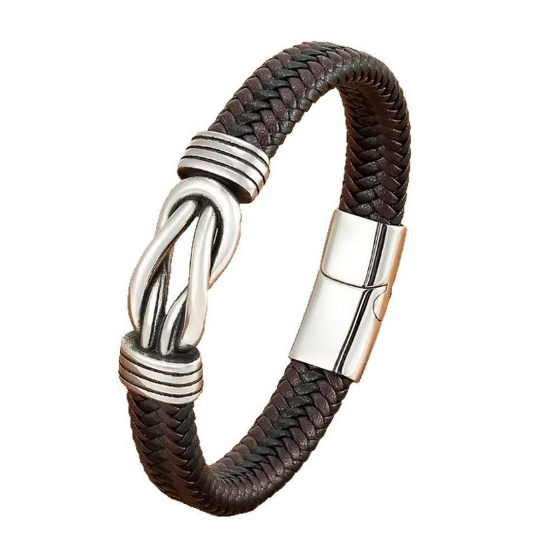 8-Word Twist Leather Bracelet – Unisex Woven Wristband with Geometric Charm