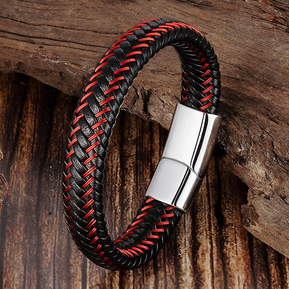Leather Cord & Stainless Steel Bracelet – Woven Cowhide Wristband with Geometric Clasp