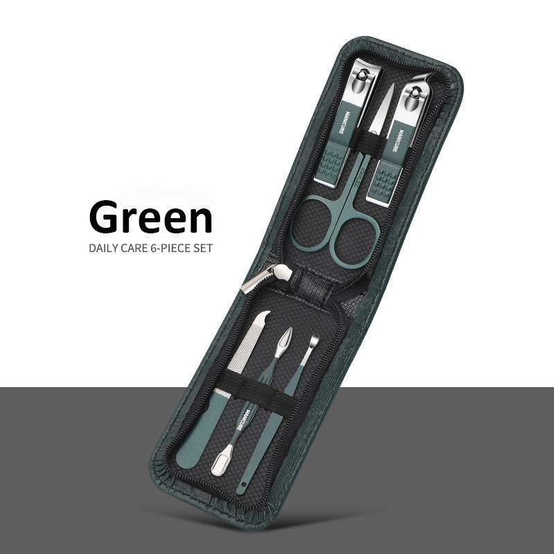 6-Piece Stainless Steel Manicure Set – Premium Travel Grooming Kit with PU Leather Case (Dark Green/Black)