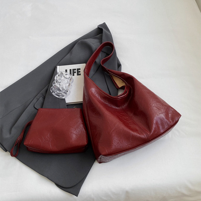 2-Piece PU Shoulder Bag Set – Large Capacity Hobo Tote with Matching Clutch for Daily Use