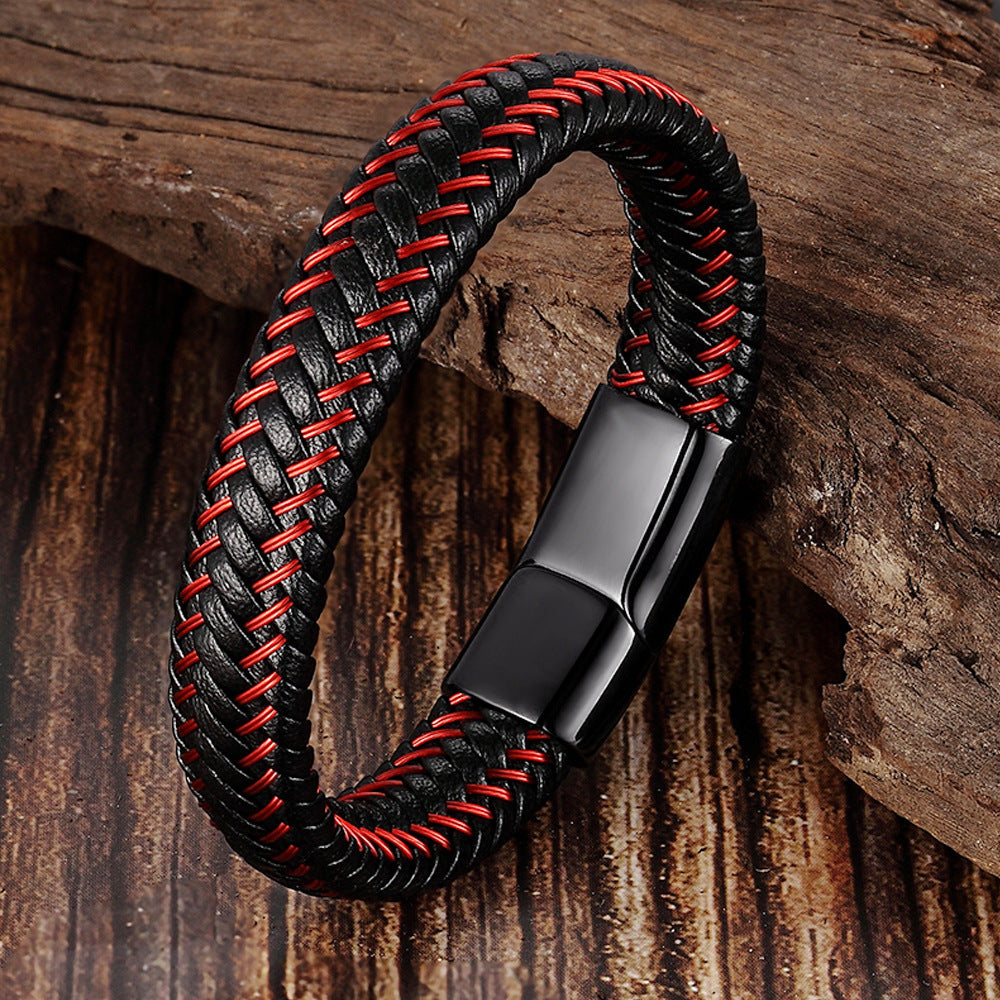 Leather Cord & Stainless Steel Bracelet – Woven Cowhide Wristband with Geometric Clasp