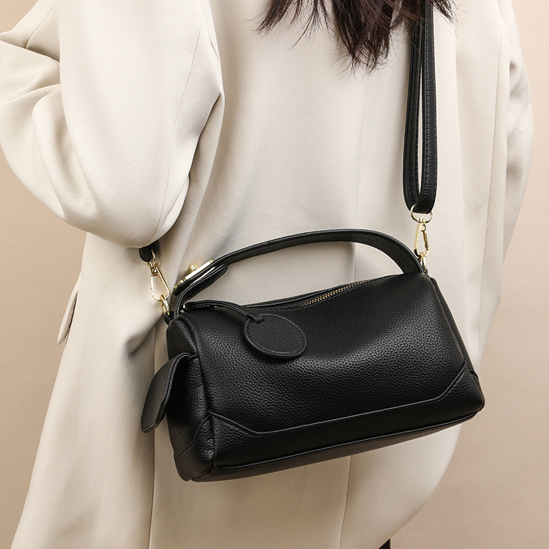 Women's Crossbody Bucket Bag - Soft Leather Top-Handle Satchel with Adjustable Strap (Dark Brown/Black)