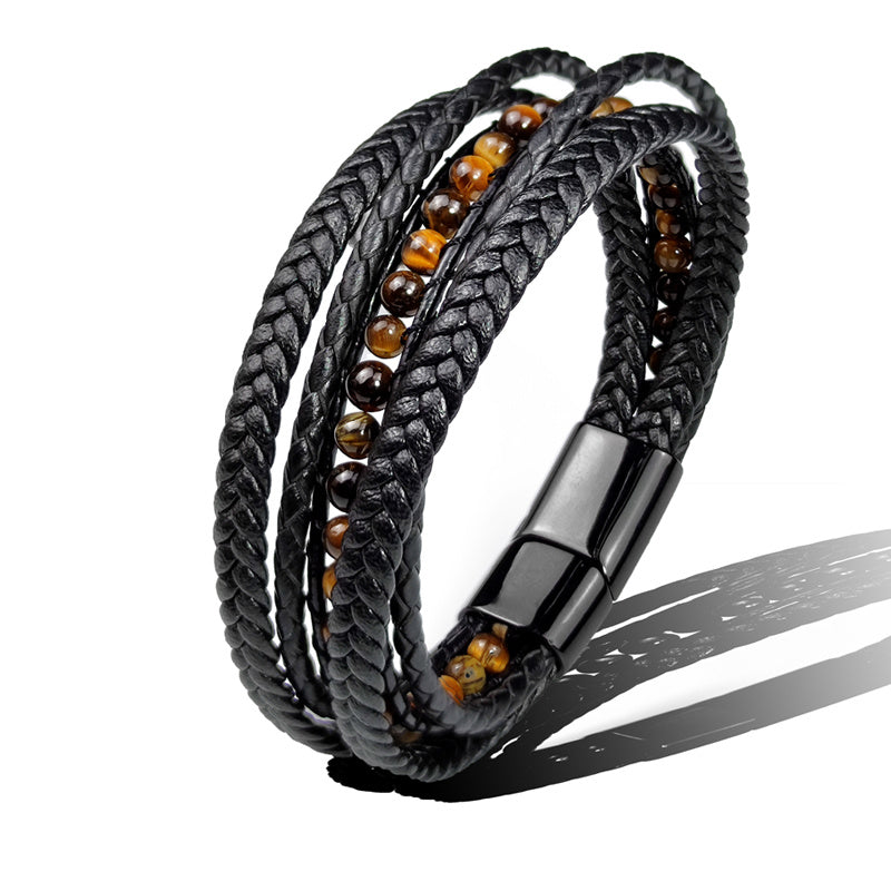 Multilayer Leather & Stainless Steel Bracelet – Retro Geometric Wristband for Men & Women