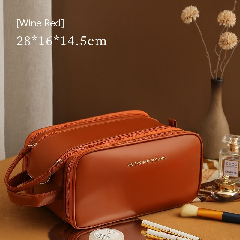 Double Zipper Makeup Bag – Stylish PU Cosmetic Organizer for Travel & Home