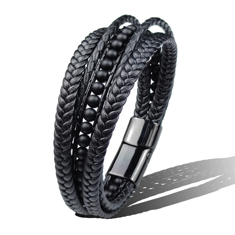 Multilayer Leather & Stainless Steel Bracelet – Retro Geometric Wristband for Men & Women