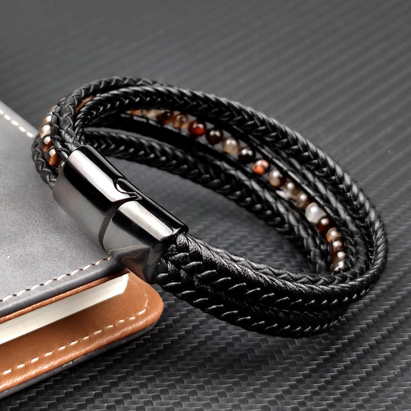 Multilayer Leather & Stainless Steel Bracelet – Retro Geometric Wristband for Men & Women