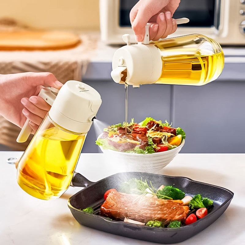 2-in-1 Oil & Vinegar Spray Bottle - 470ML Glass, Dual Mist/Stream Nozzle for Air Fryer, BBQ & Salads
