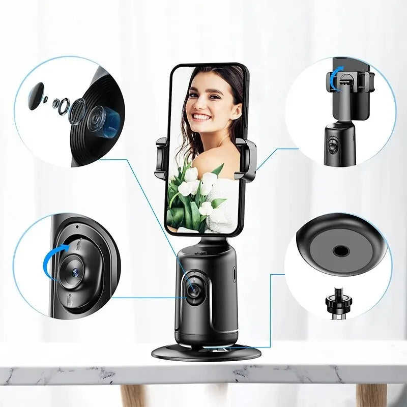 360° AI Auto Face Tracking Phone Holder - Gesture-Controlled Gimbal for Hands-Free Vlogging, Live Streaming & Content Creation - No App Needed