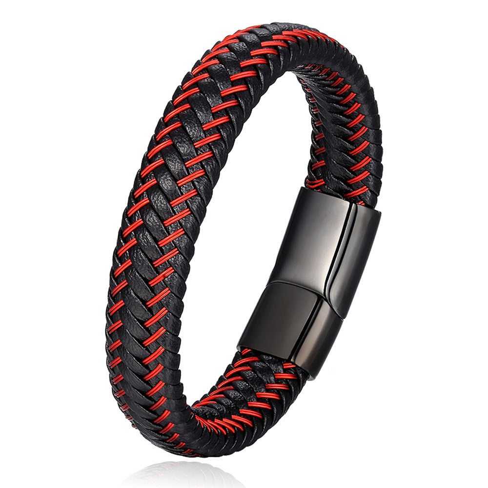 Leather Cord & Stainless Steel Bracelet – Woven Cowhide Wristband with Geometric Clasp