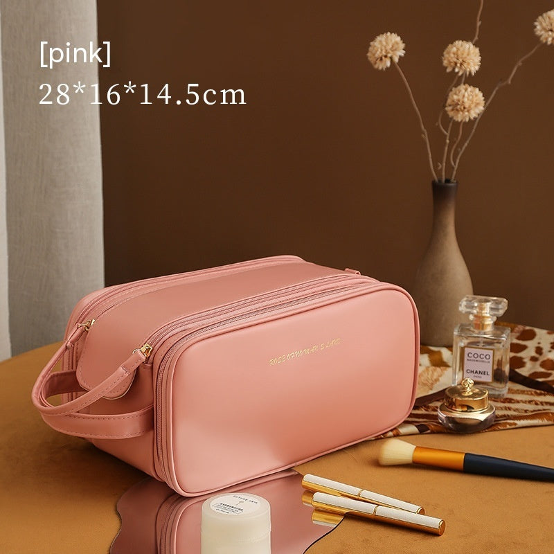 Double Zipper Makeup Bag – Stylish PU Cosmetic Organizer for Travel & Home